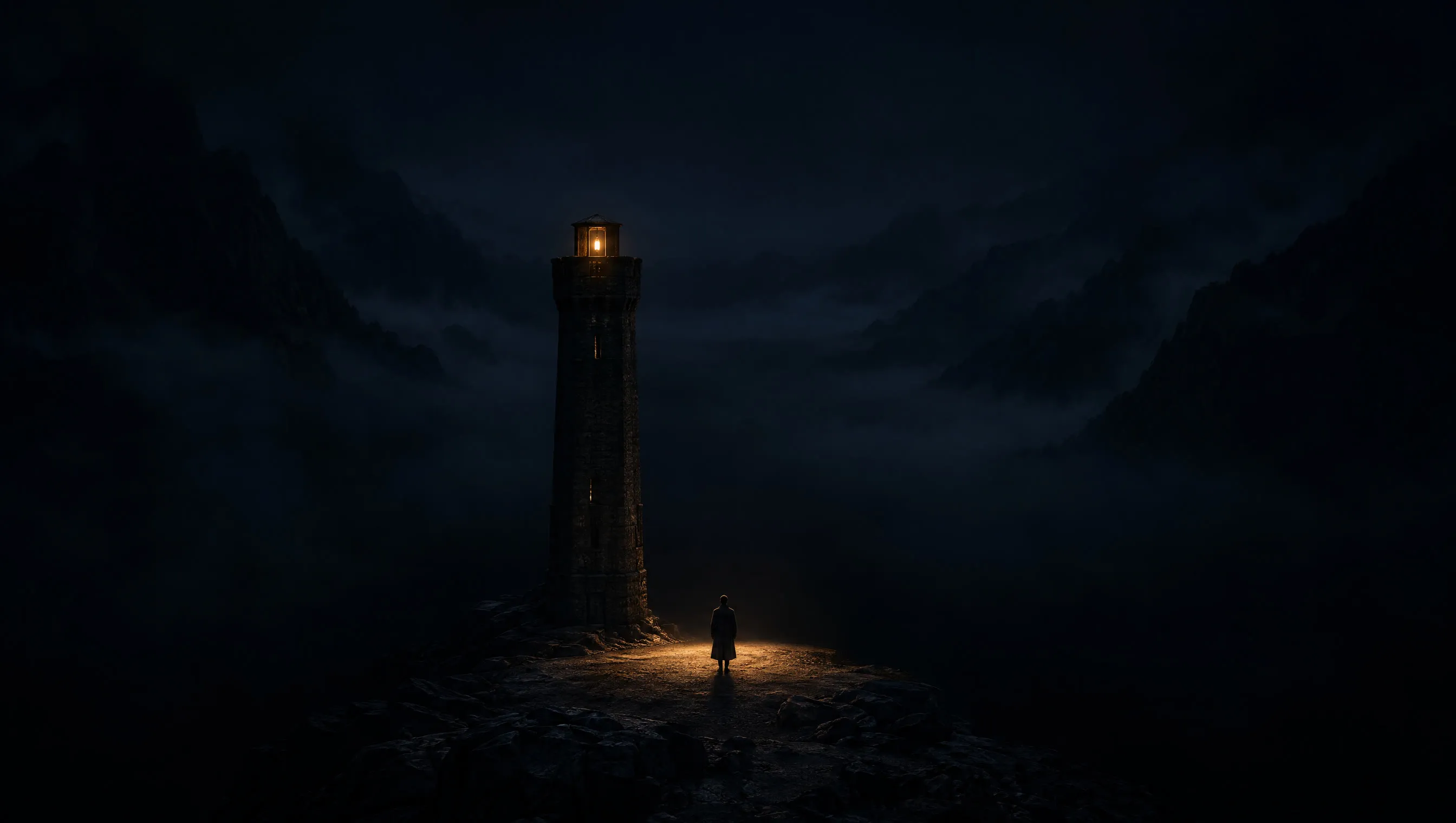 A lone stone tower with a single warm light, and a figure standing at the edge of its glow in a dark misty valley.